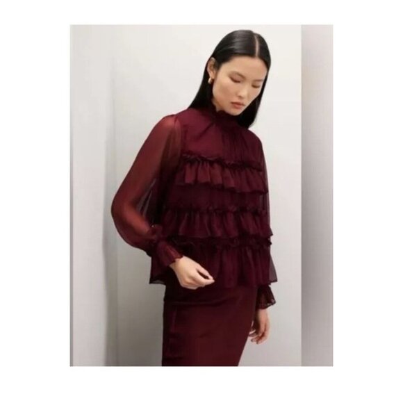 Adam Lippes Tiered Ruffle Blouse Top Size 2 Shirt Long Sleeve Maroon Red - Picture 1 of 6